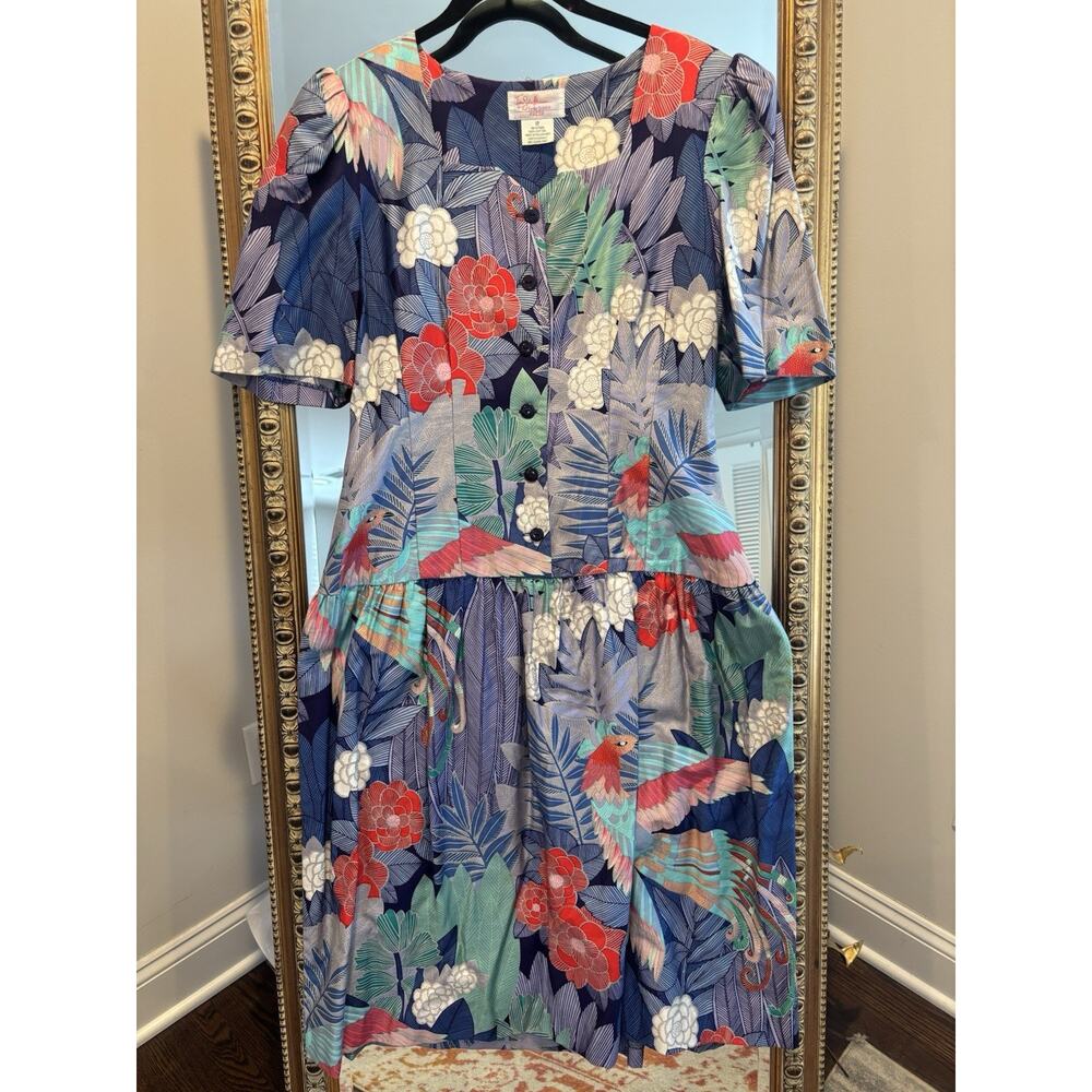 Vintage 80’s Jane Schaffhausen Belle France Bird Print Dress, M